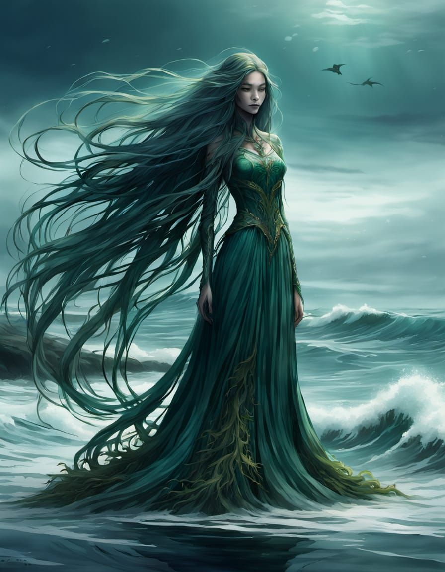 Ethereal Sea Figure Emerges from Crashing Waves