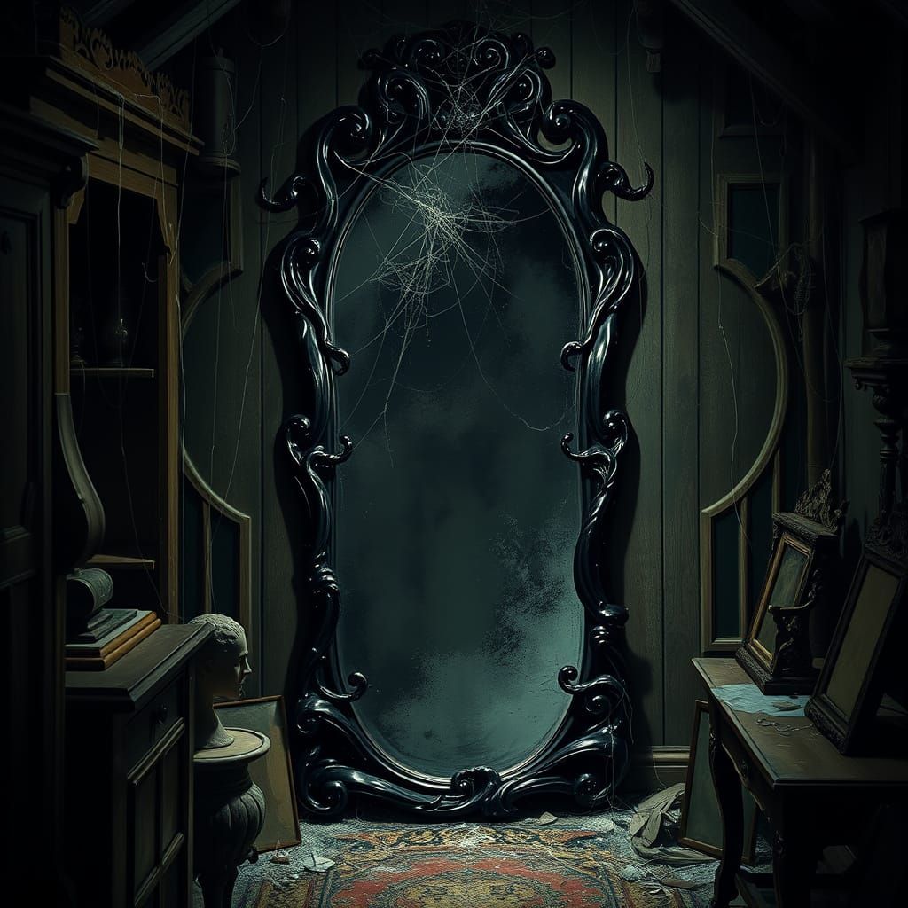 Dark, Twisted Ebony Mirror in Dusty Attic