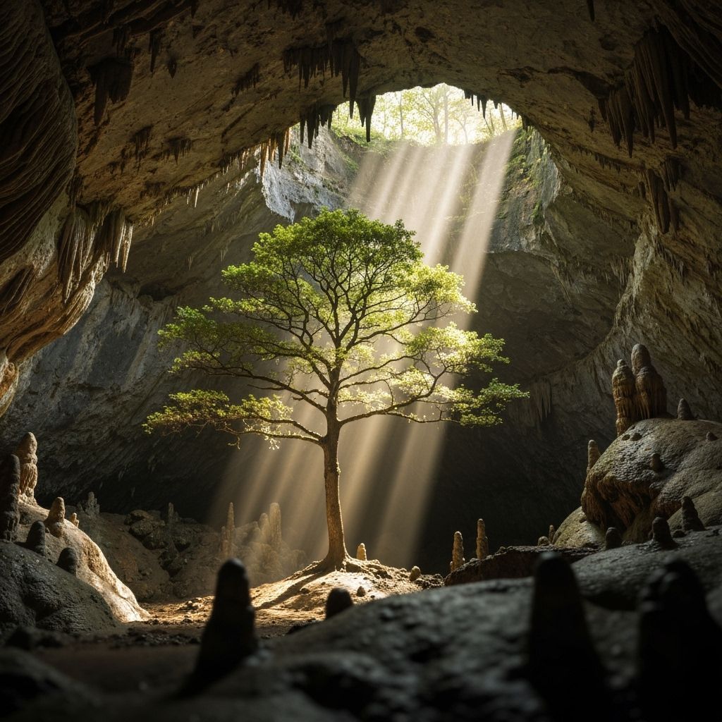 Ancient Oak Tree in Cavern, Golden Light