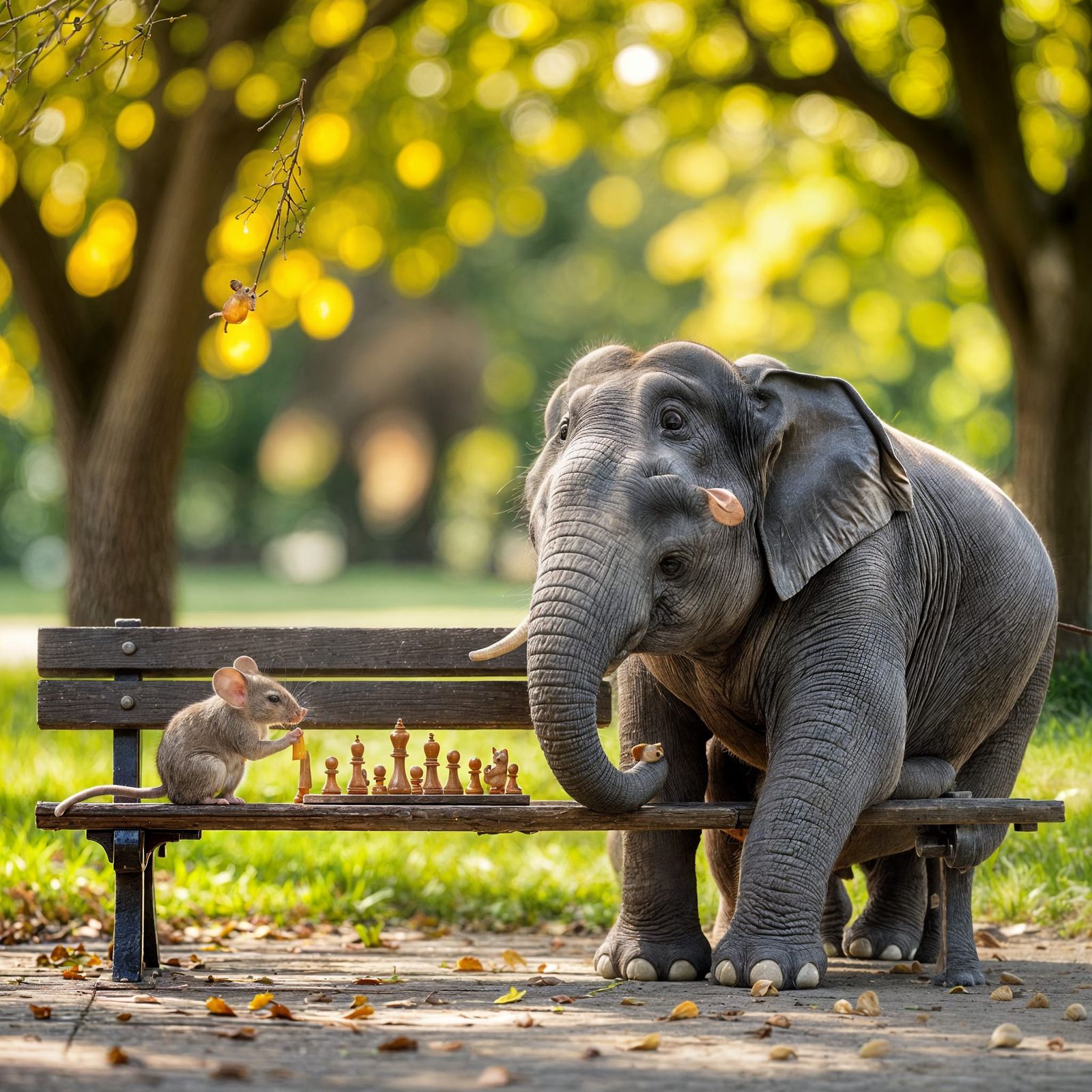 Mouse and Elephant Play Chess on Park Bench