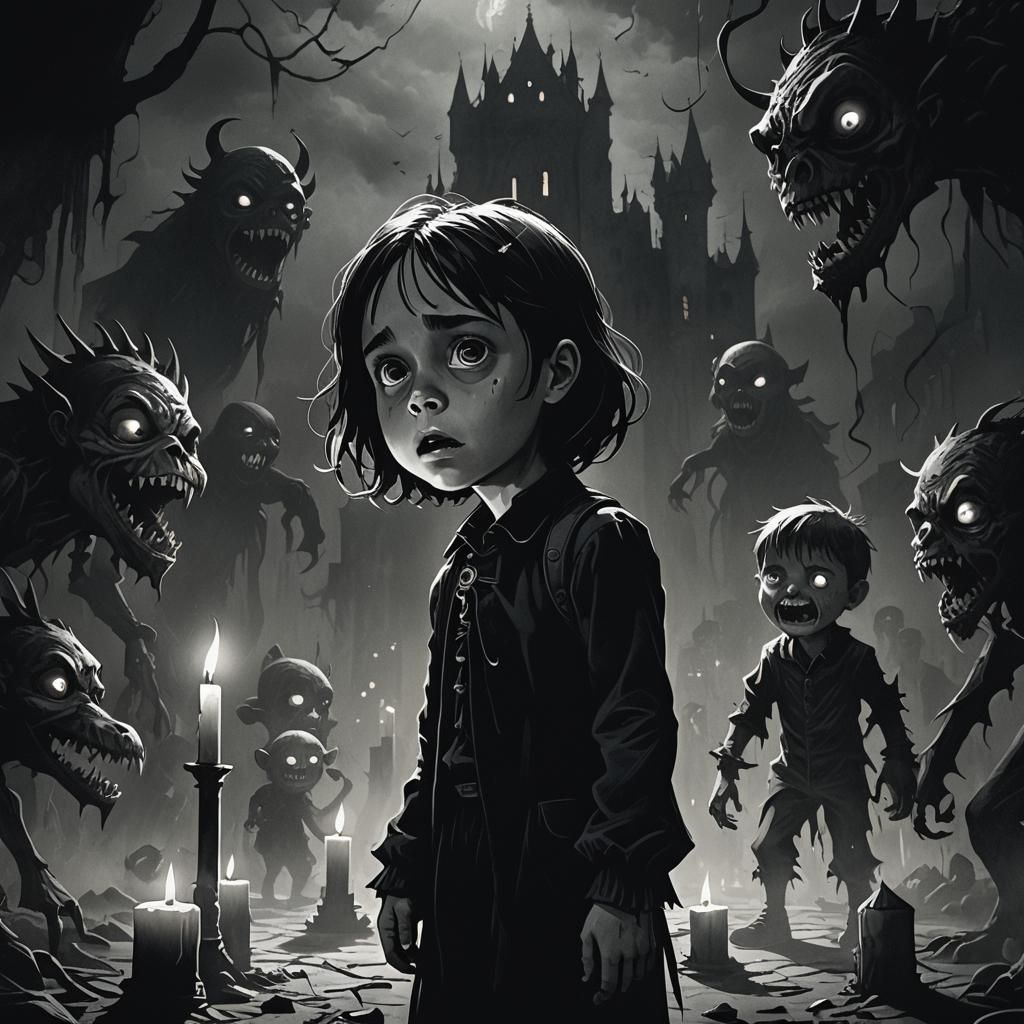 Eerie Gothic Horror: Child Surrounded by Monsters