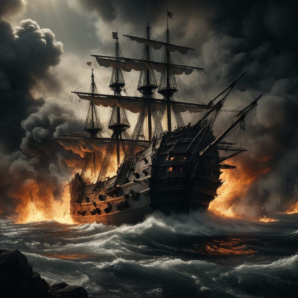 Spanish Galleon Engulfed in 16th Century Naval Battle