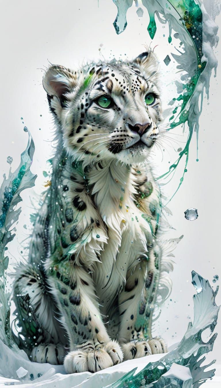 Adorable Green Eye Snow Leopard Cub in Whimsical Winter Wond...