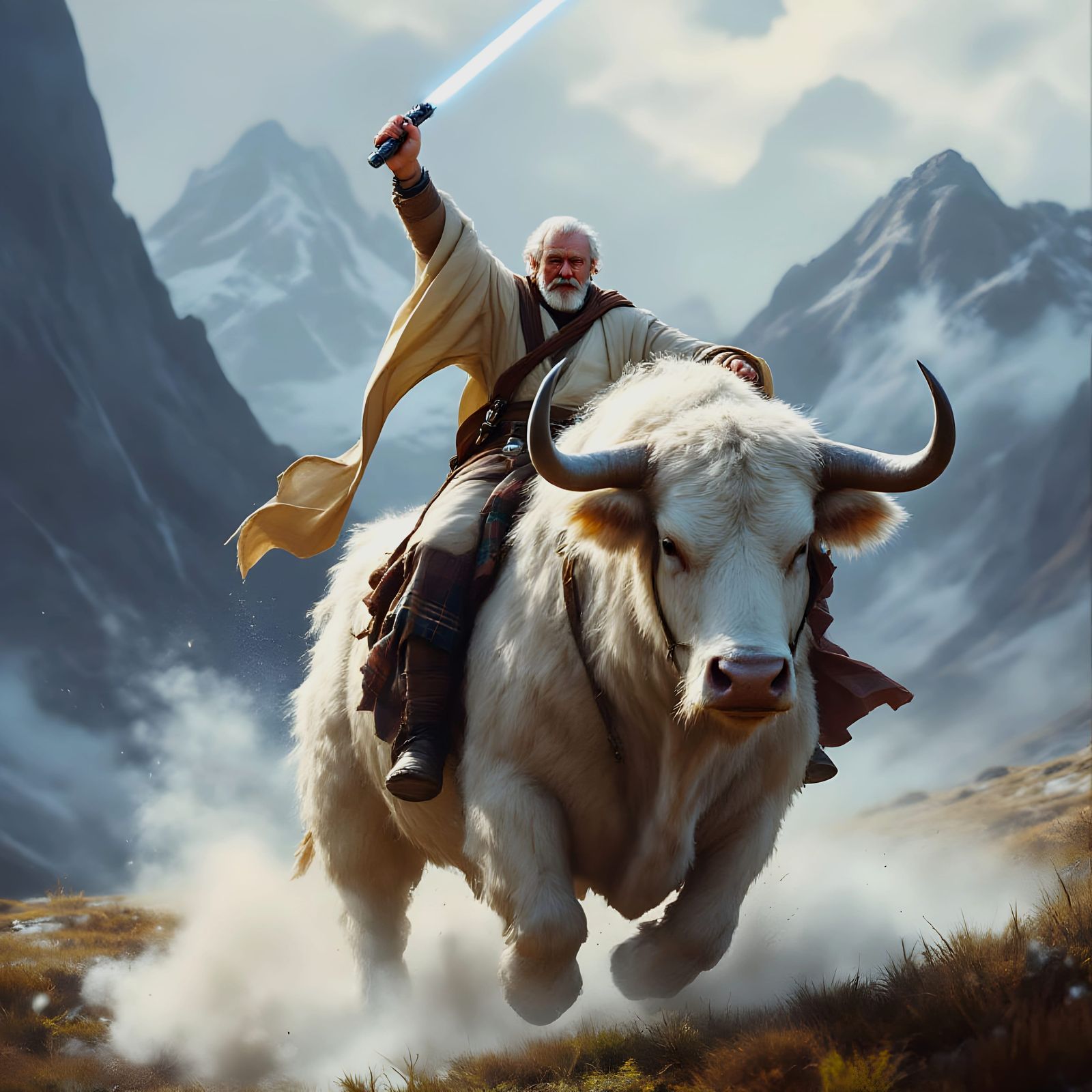 Obi Wan Kenobi Rides Highland Bull with Lightsaber