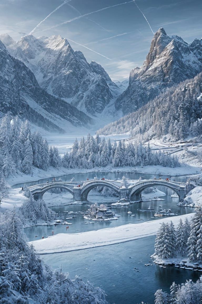 Frozen Lake Winter Landscape with Skaters