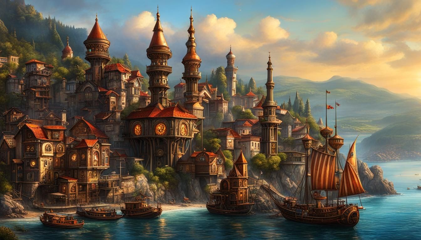 Eastern Steampunk City with Coastal Spires and Turrets