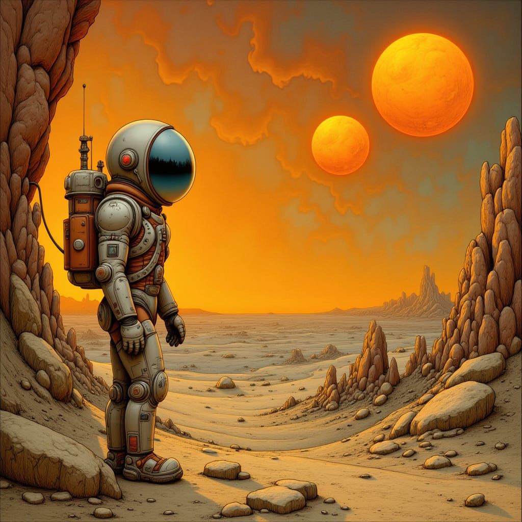 Astronaut on Alien Planet with Binary Sunset