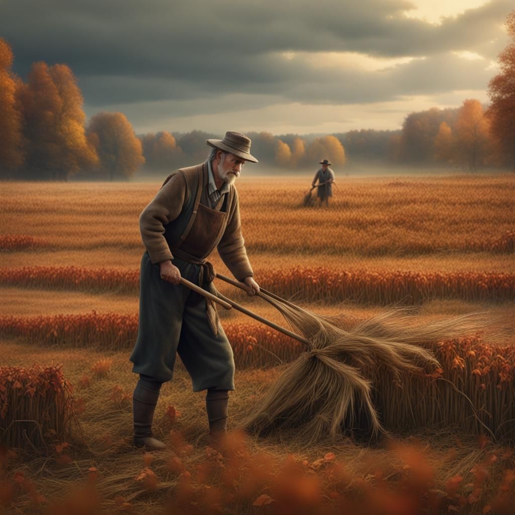 Peasant Farmer Scything in Autumnal Field
