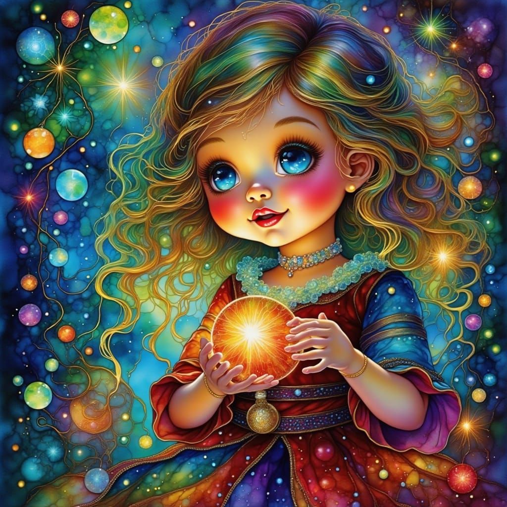 Cartoon Girl with Blue Eyes Holds Glowing Ornament