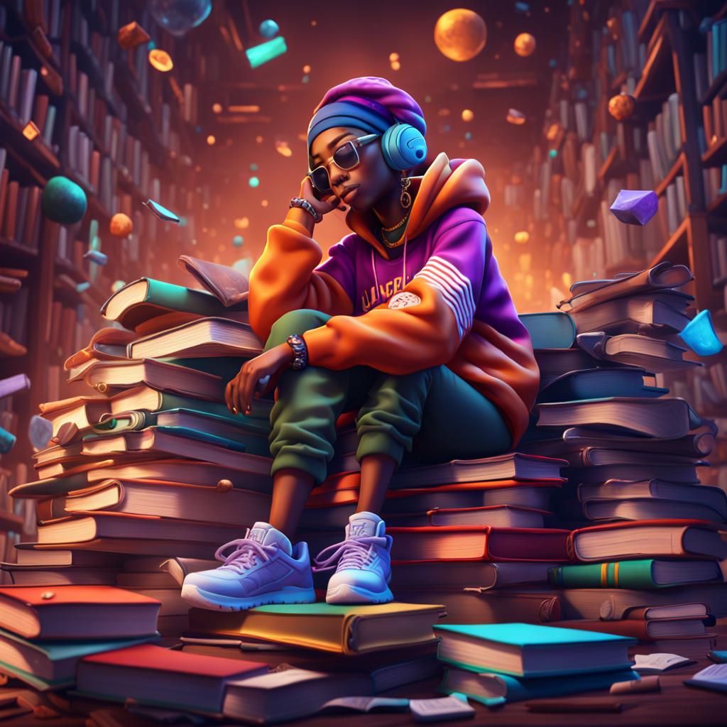 A female cartoon realistic rapper, bold colours, asleep on a pile of books