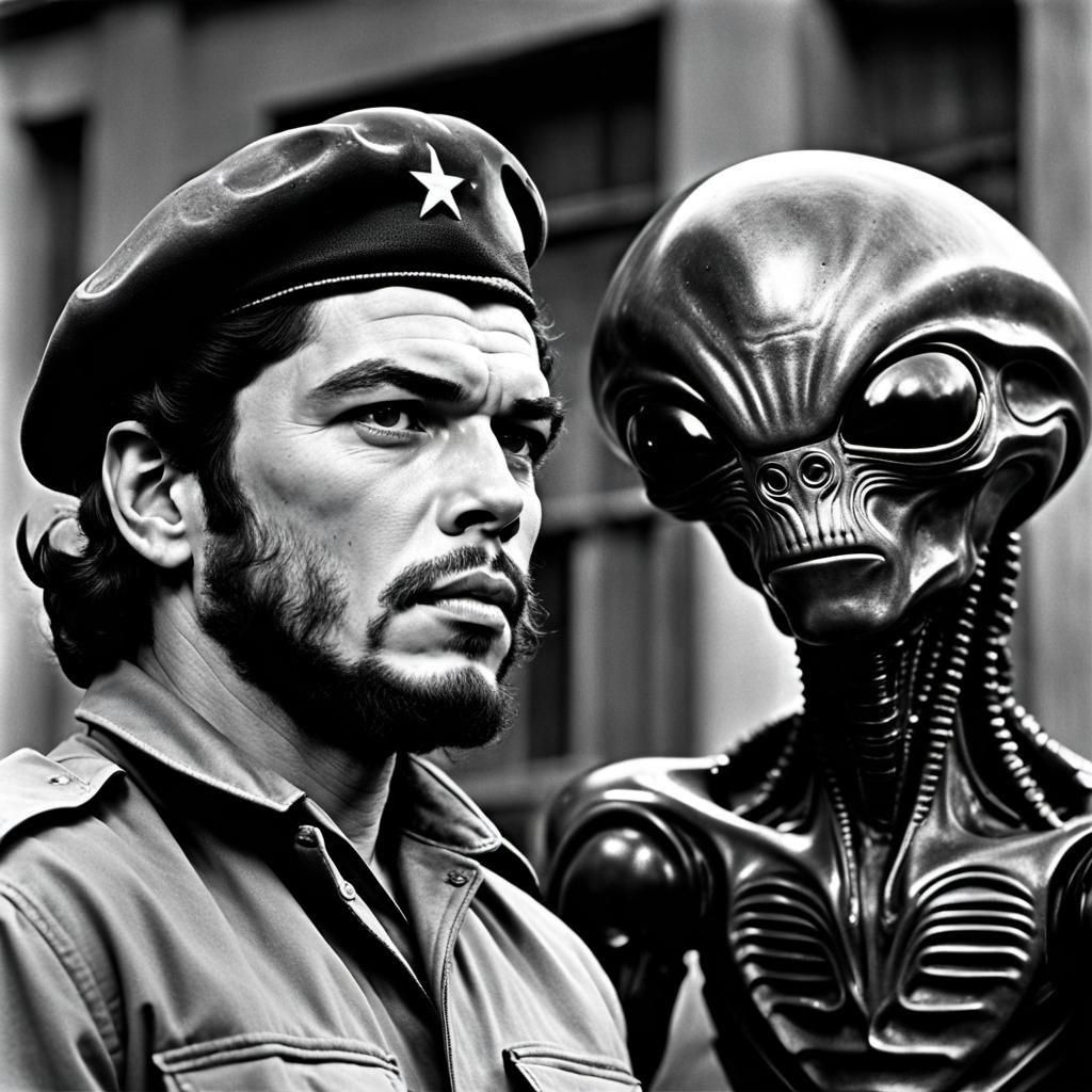 Che Guevara and Alien: Iconic Black and White Portrait