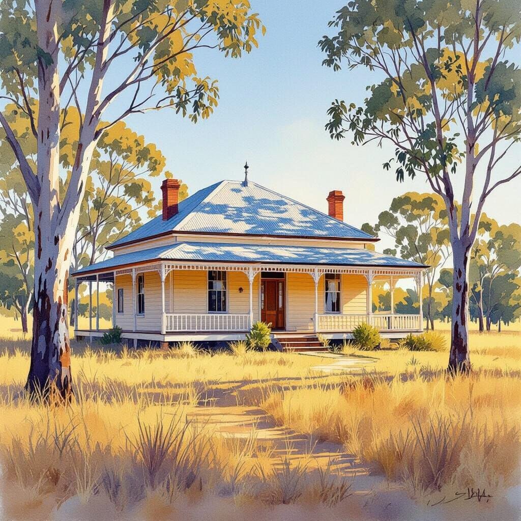 Australian Queenslander House in Rural Watercolor Style