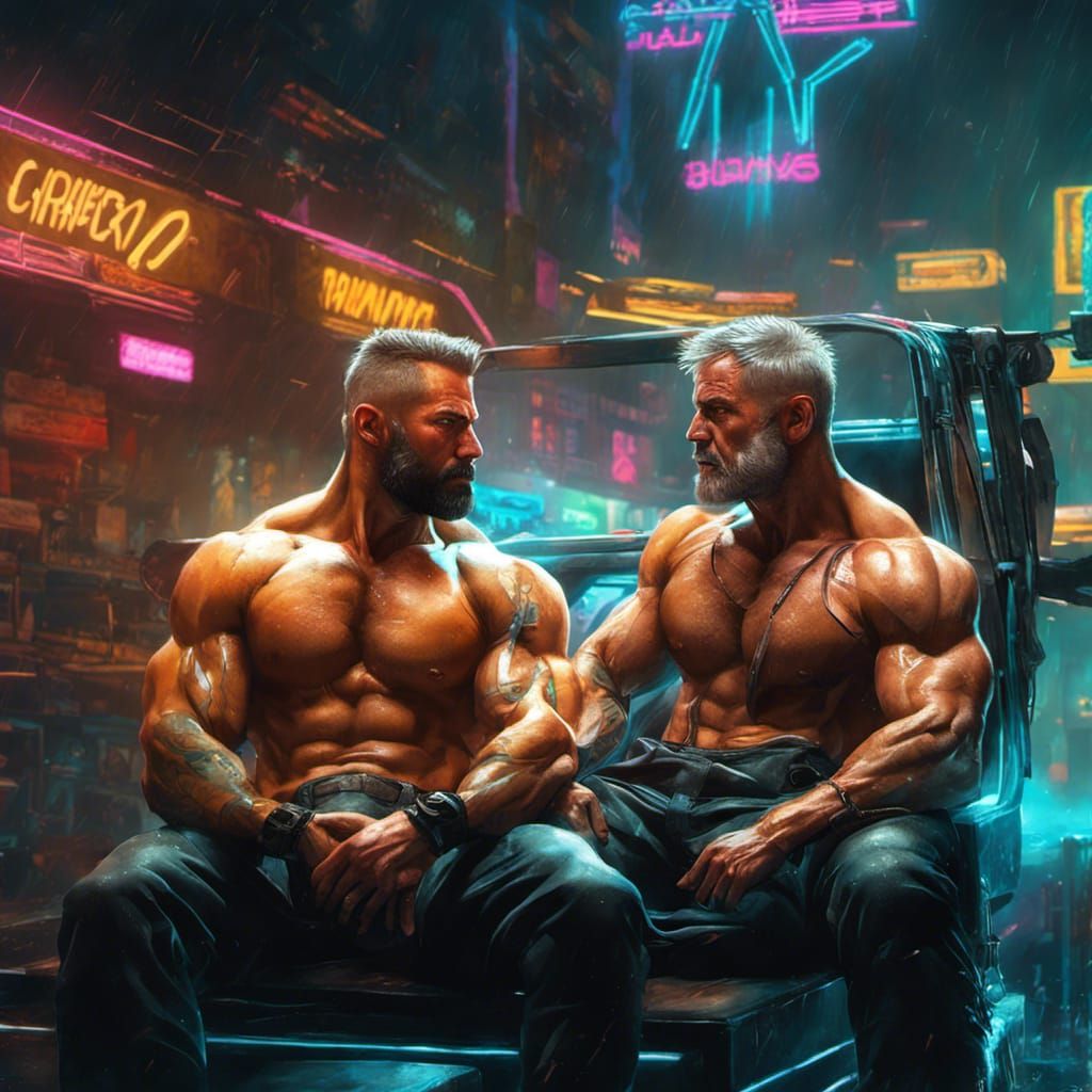 Hyperrealistic Muscle Daddy in Cyberpunk Style