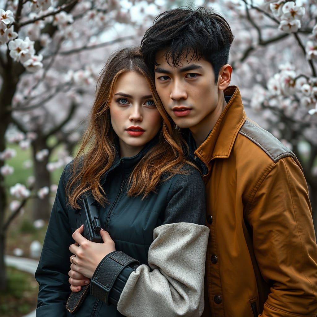 Dystopian Sci-Fi Action in Cherry Blossom Orchard