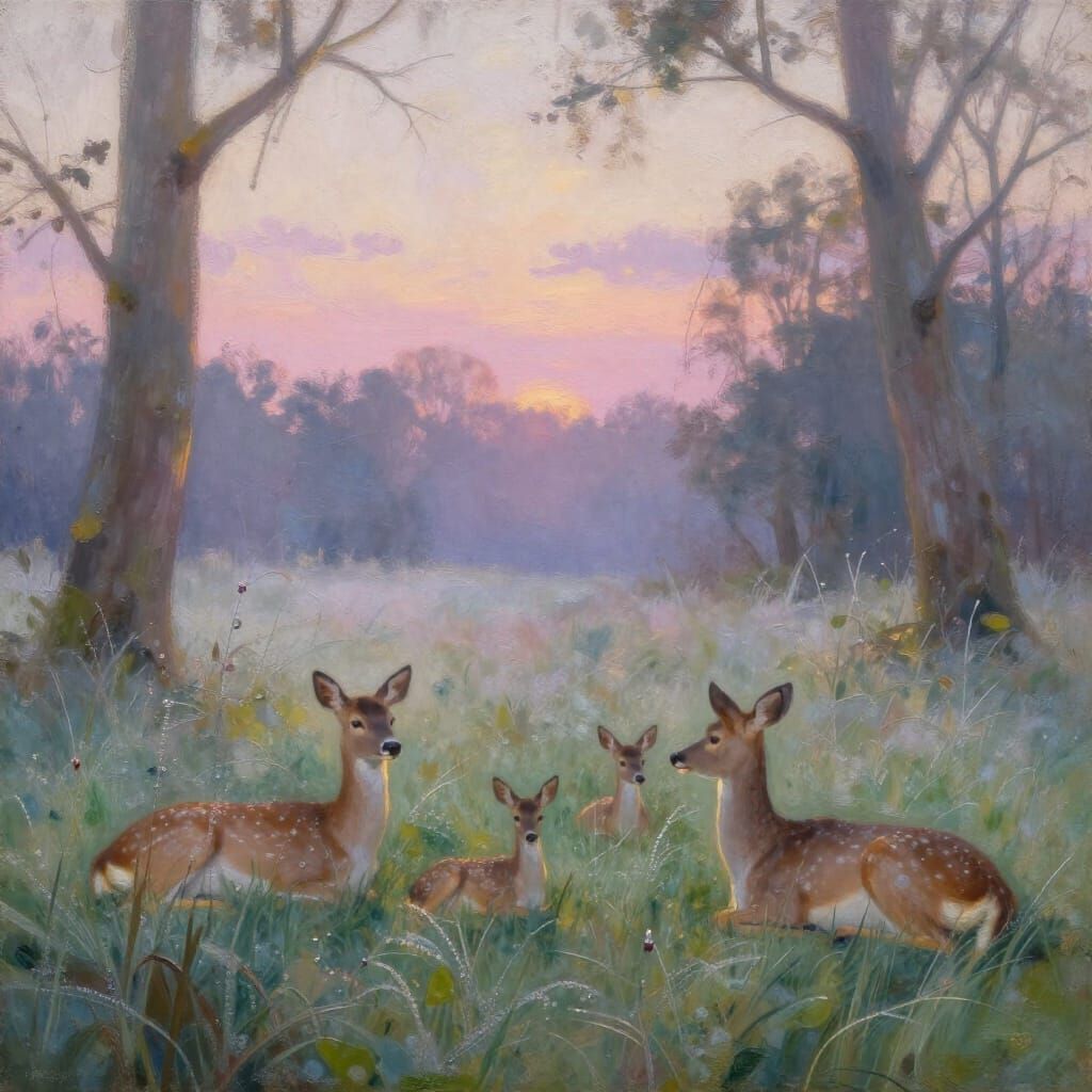 Deer Family Rests in Dewy Grass at Dawn, Painterly Style
