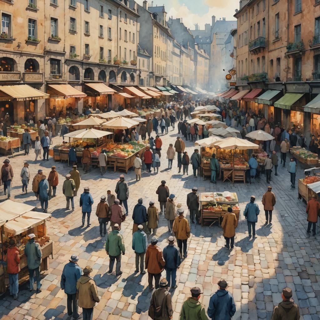 Impressionist Cityscape: Crowded Market Square in Watercolor