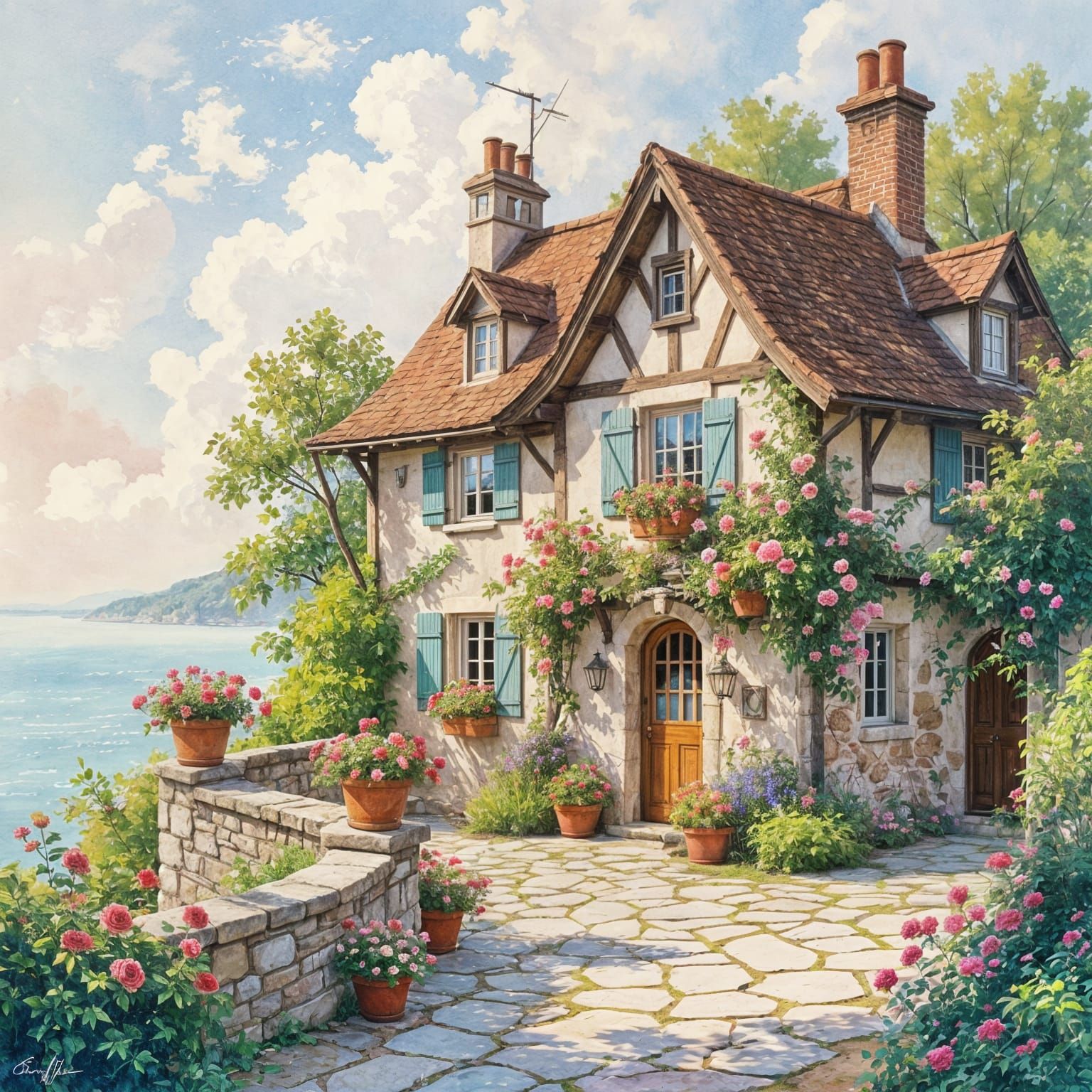 Enchanted Cliffside Manor with Roses in Watercolor Style