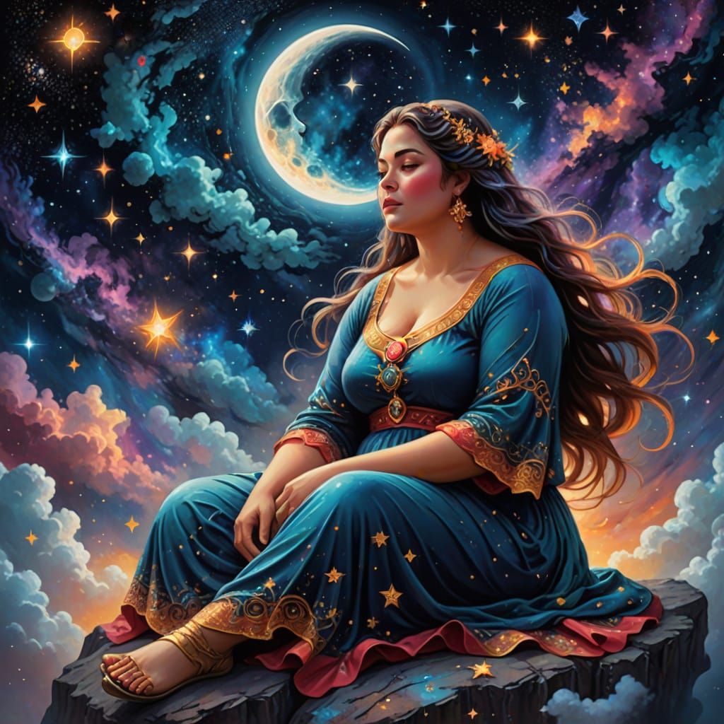 Surreal Oil Painting of a Majestic Woman in the Cosmos