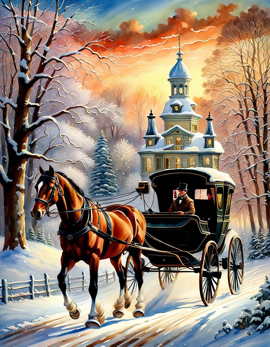 Victorian Carriage in Winter, Watercolor Painting