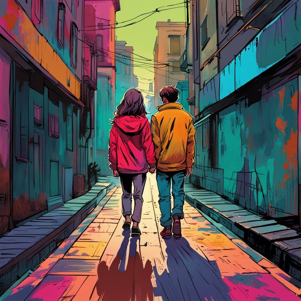 Teenage Couple in Alleyway: Digital Art in Comic Style
