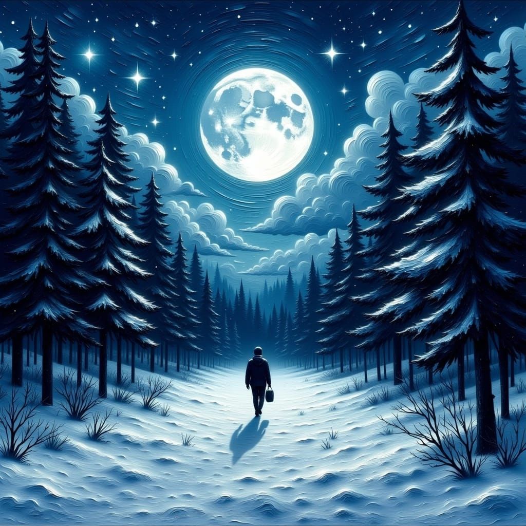 Lone Figure in Snowy Forest Under Full Moon