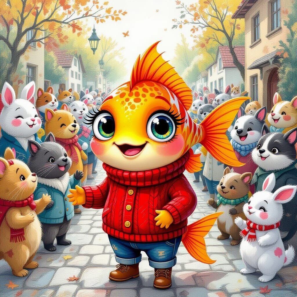 Smiling Fish in Queue, Dürer-Style Ink Painting