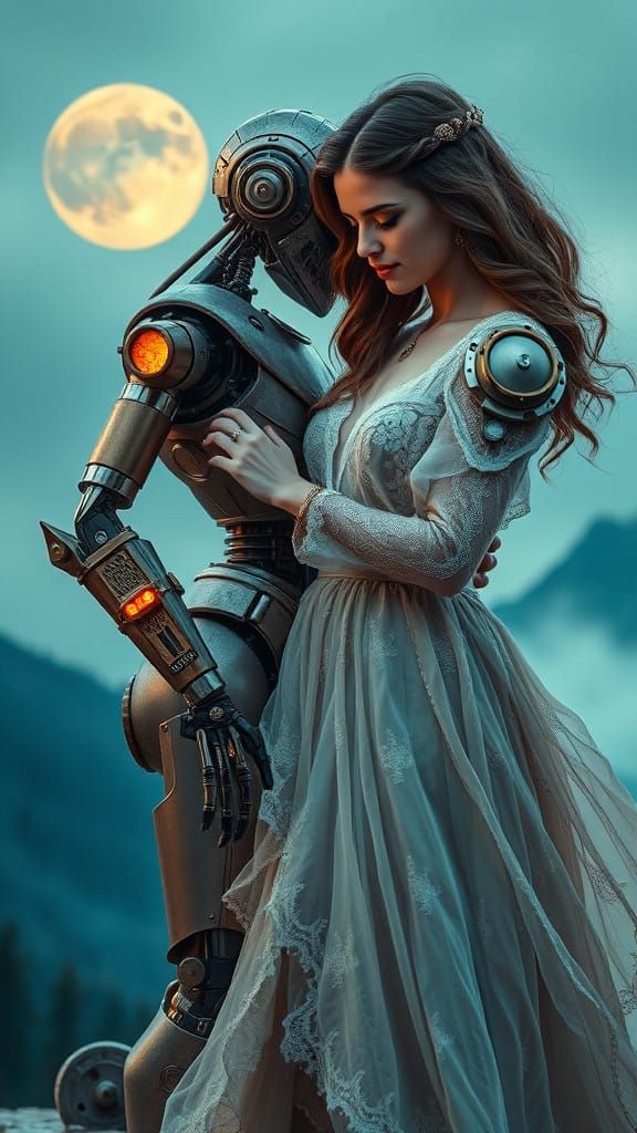 Steampunk Goddess and Robot in Harmony