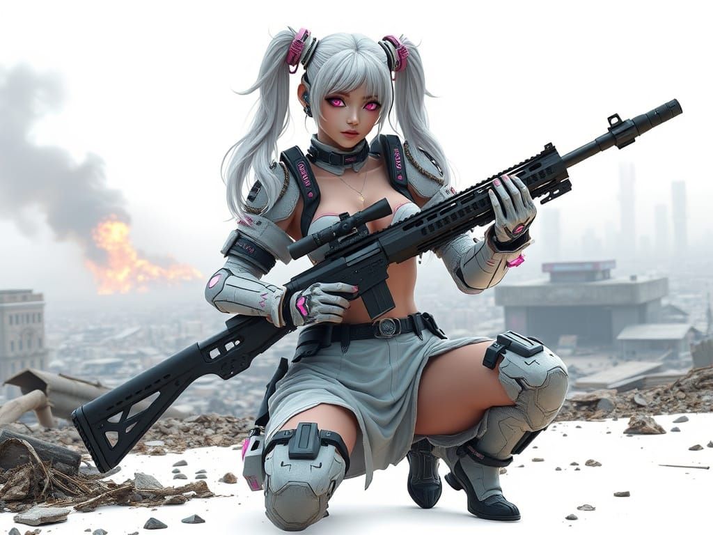 Armored Woman with Sniper in Ruined City