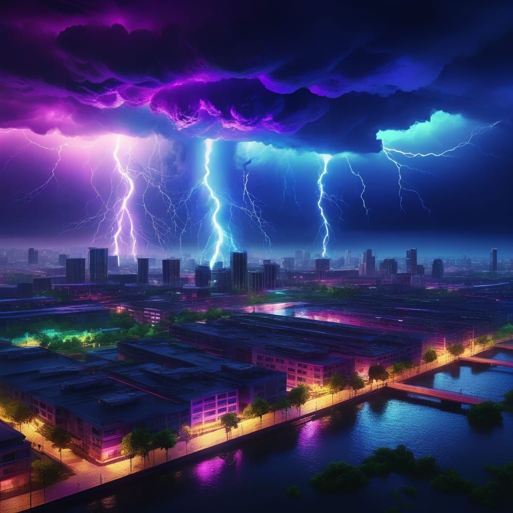 Futuristic City Thunderstorm in Abstract Digital Art