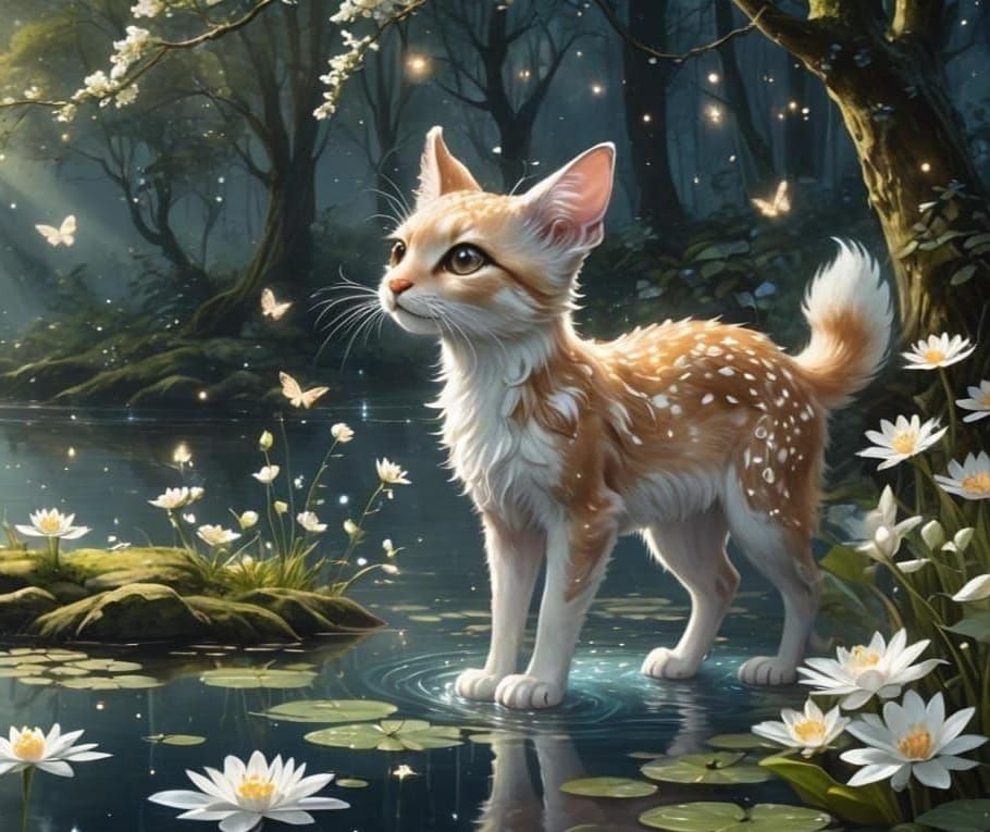 Glowing Fairy Fawn Cat in Fantasy Forest
