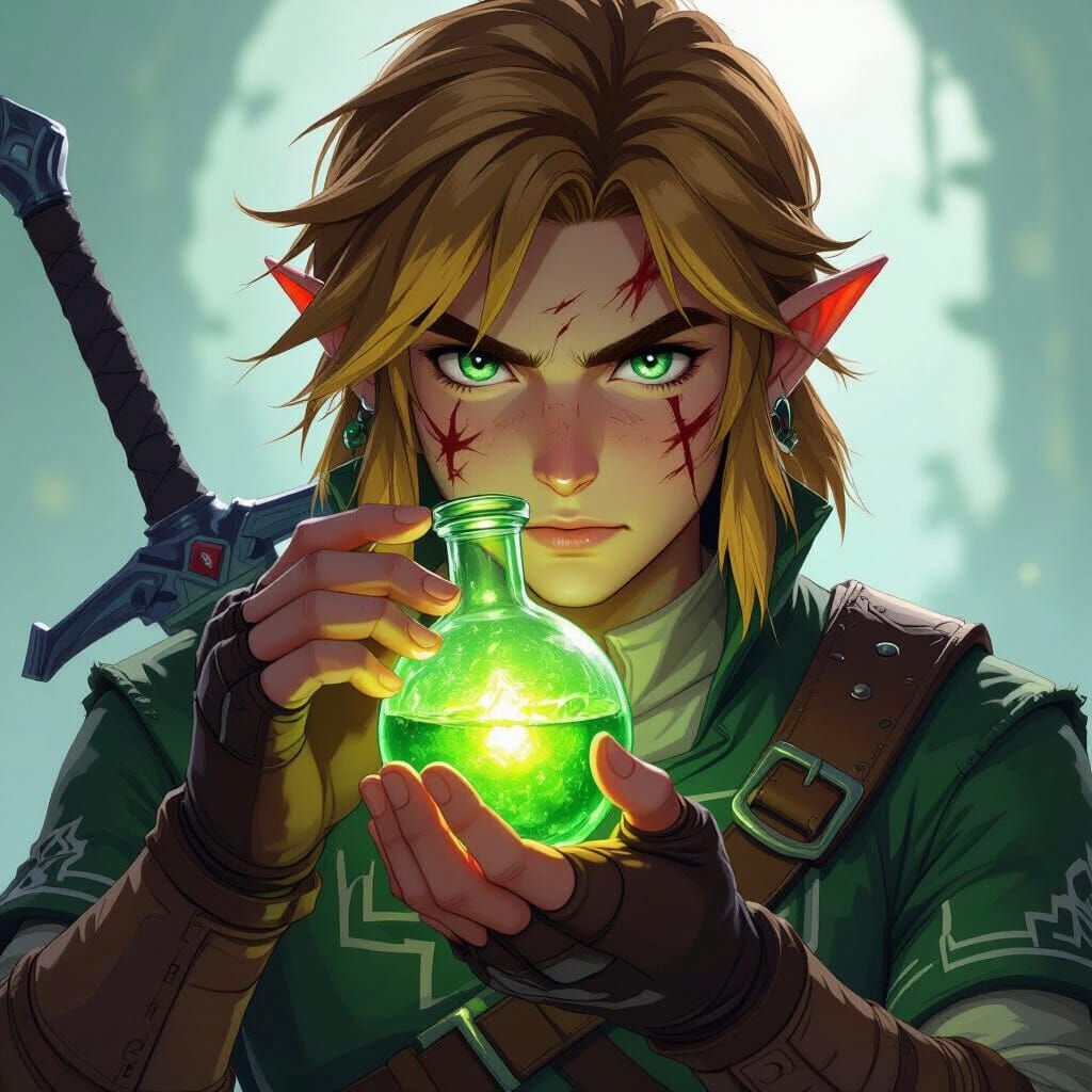 Battle-Scarred Link Drinks Glowing Potion in Dark Fantasy St...
