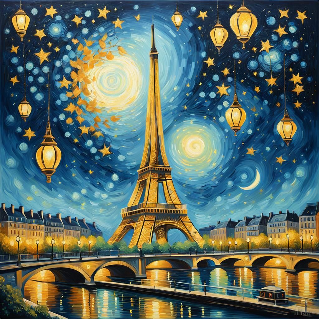 Eiffel Tower at Night in Impressionist Style
