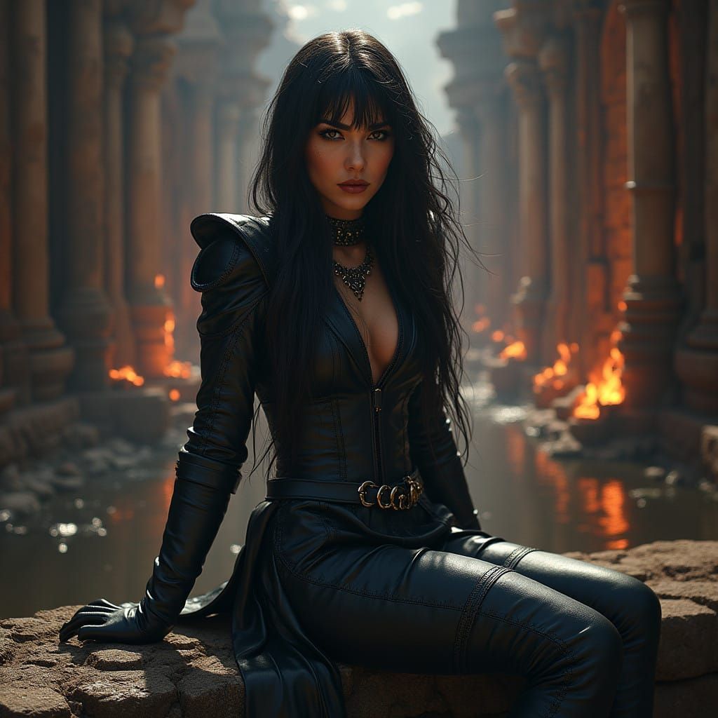 Gothic Demoness in Black Leather Explores Ancient Mayan Ruin...