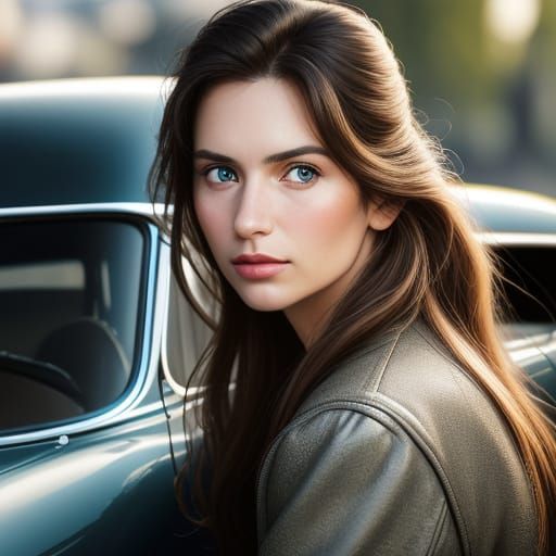 Young Woman Posing with Classic Cars in Studio Lighting
