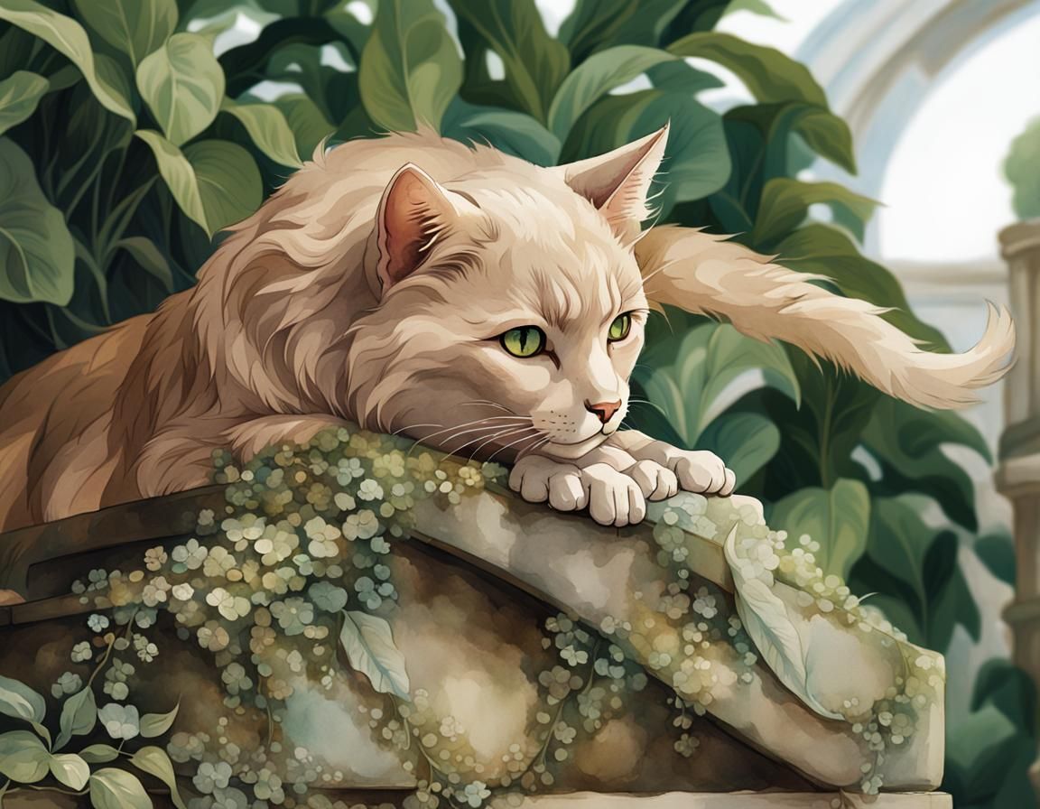 Smiling Cat in Balcony Planter, Watercolor Art