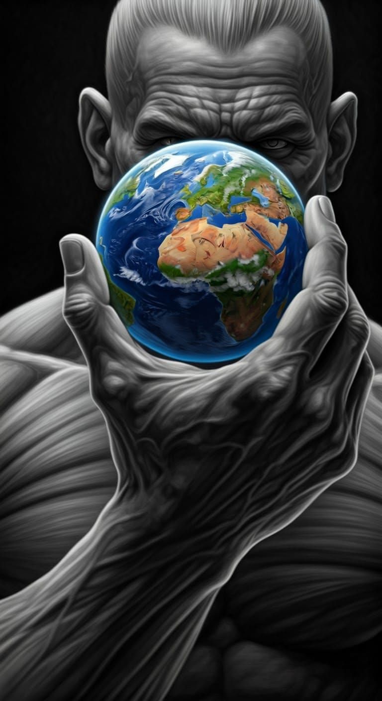 Giant Hand Gently Holds Earth: Charcoal Drawing