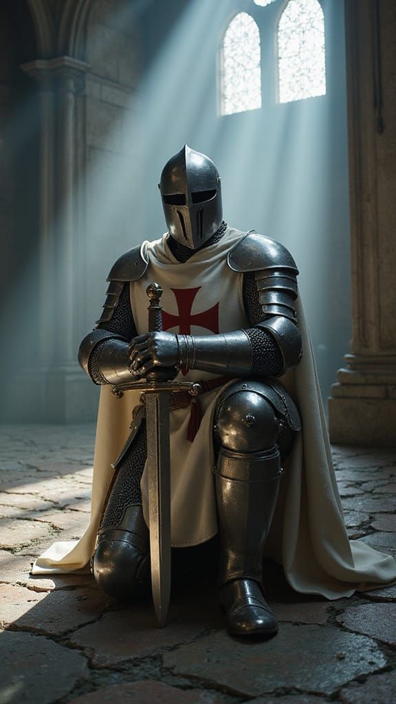 Medieval Templar Knight Kneeling in Gothic Setting