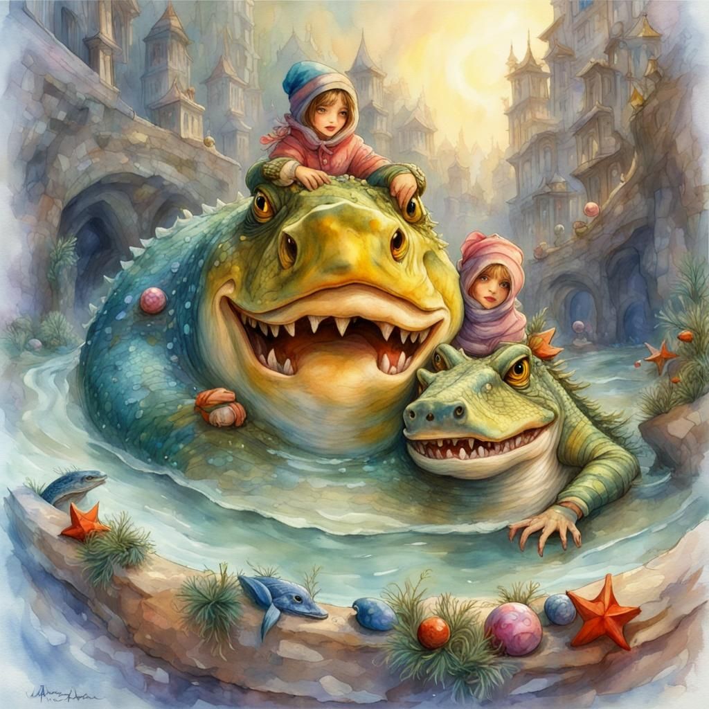 Festive Fishes Hugging Crocodile: Fantasy Watercolor Art