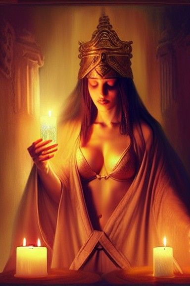 Mystical Priestess in Temple, Hyperrealistic Style