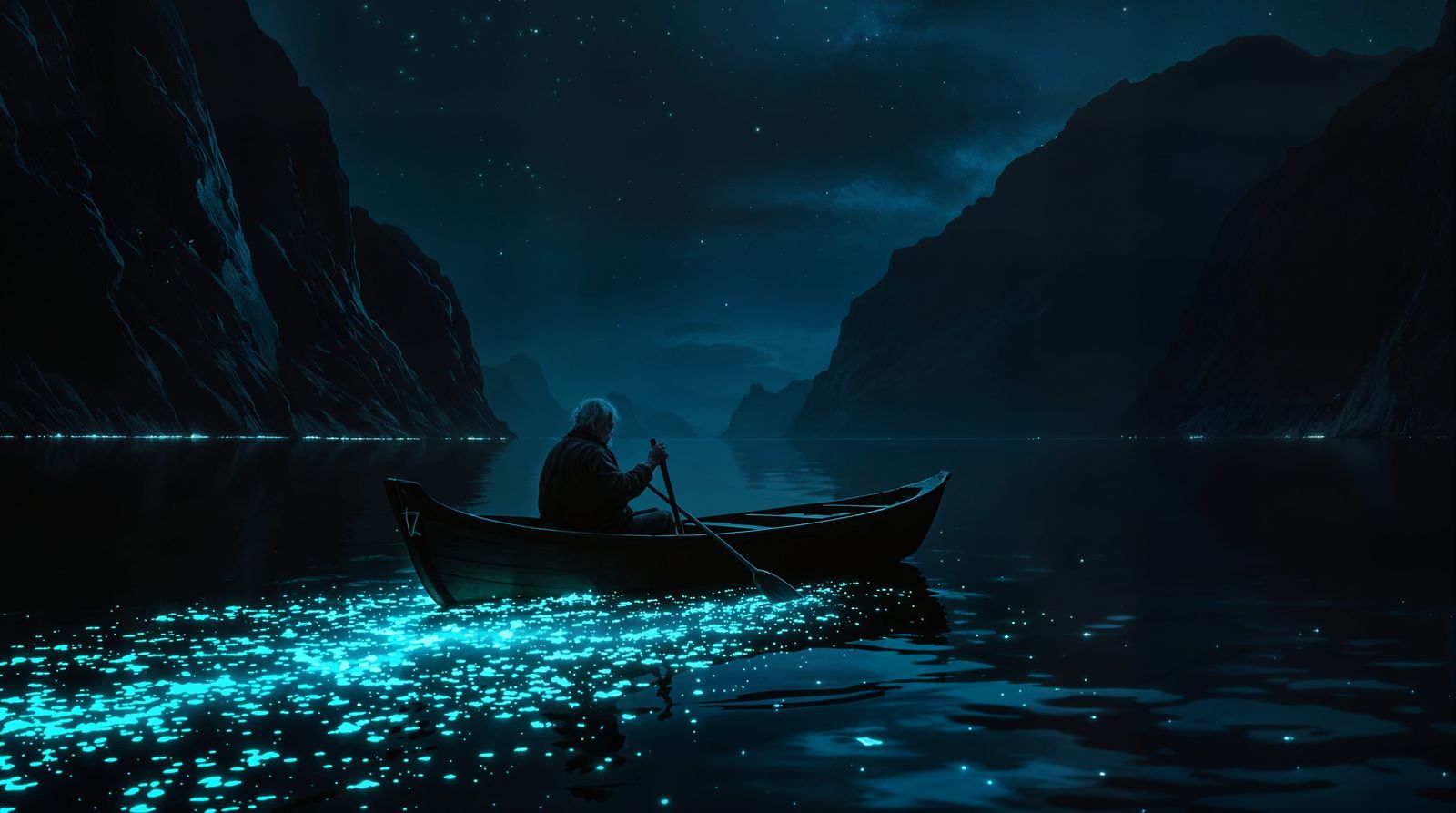 Weathered Fisherman Rows through Enchanted Norwegian Fjord