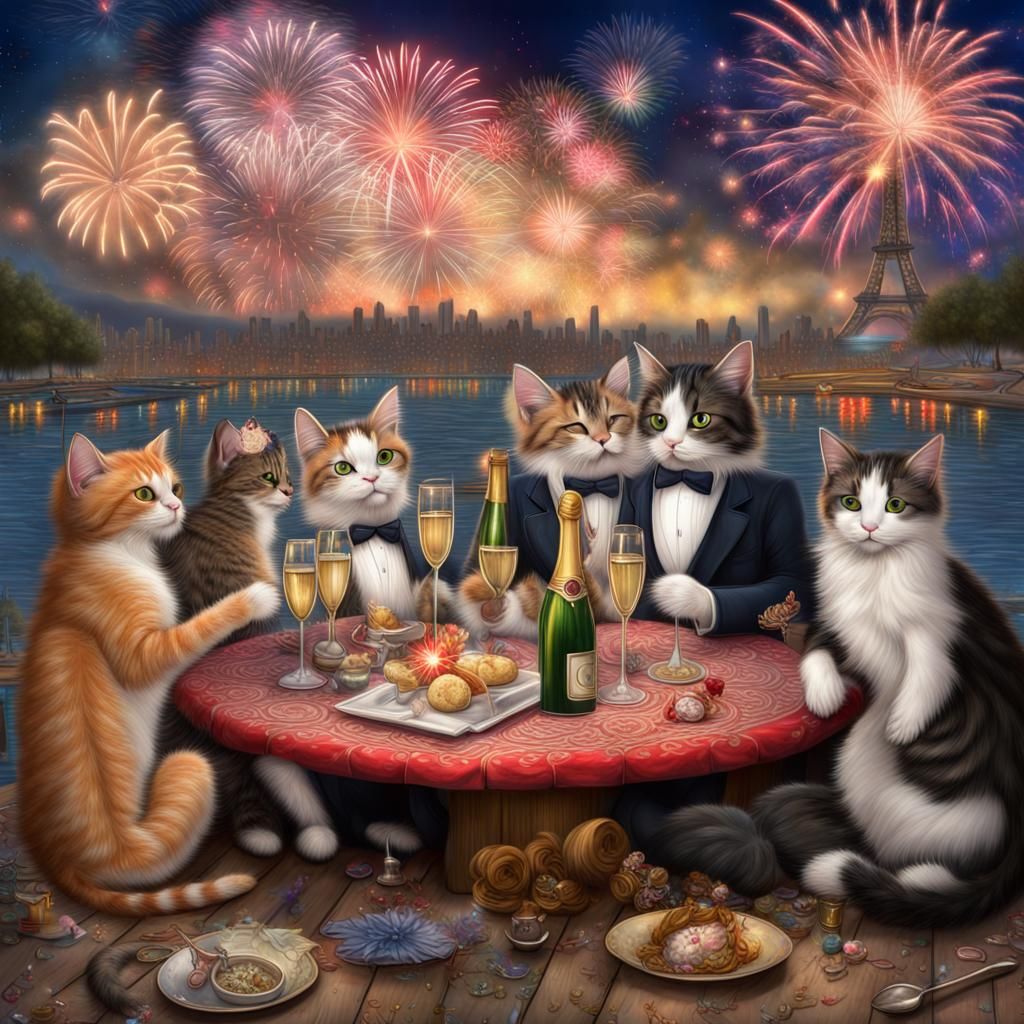Cats Celebrate with Champagne Under Fireworks