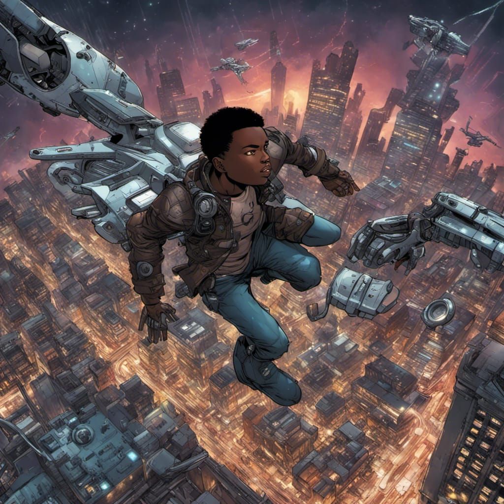 Cyborg Over Mechanical City: Gritty Comic Art