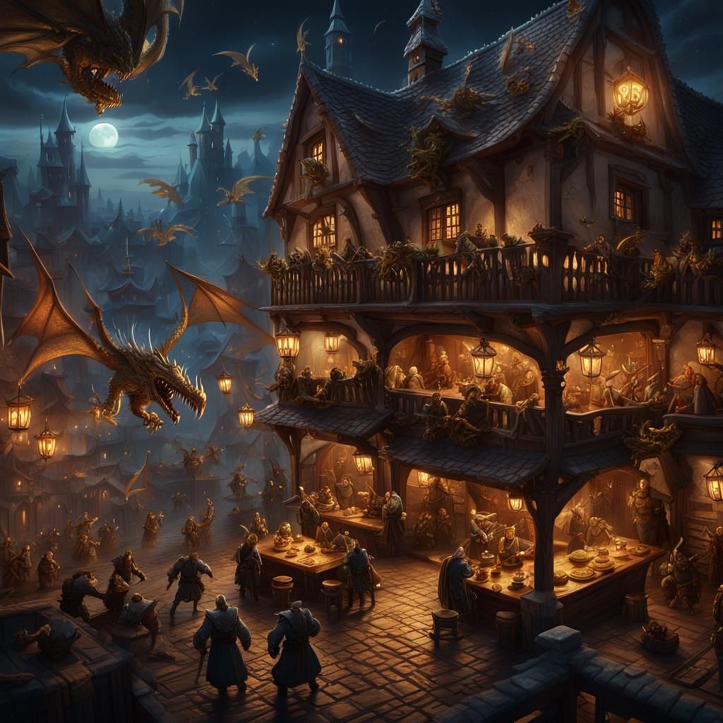 Dragon Attacks Orcs Raiding Tavern in Fantasy Art