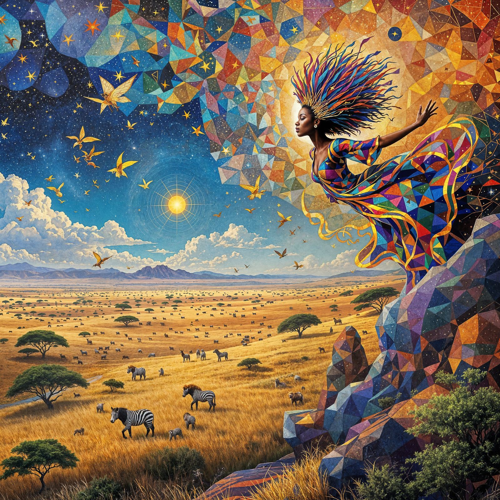 Celestial African Fairy Mosaic Over Serengeti