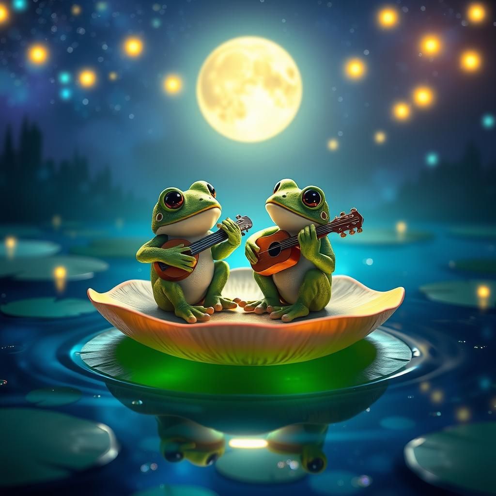 Frogs' Serenade: A Whimsical 3D Digital Art Scene