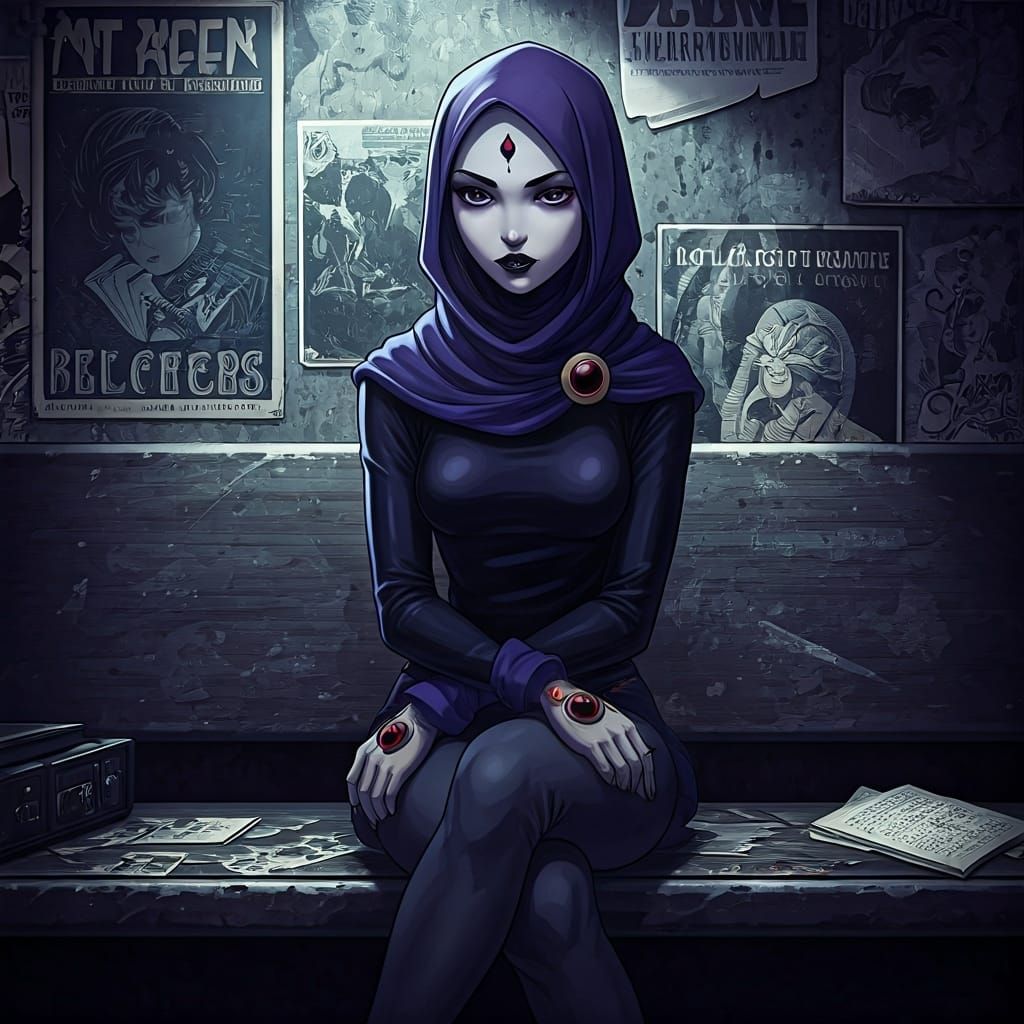 Raven in Hijab Listening to Music, Anime Style