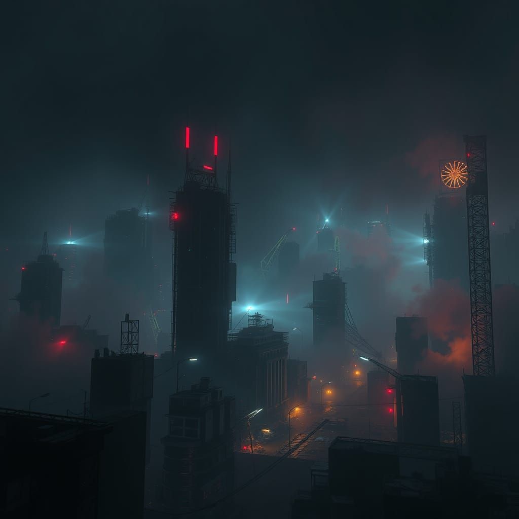 Cyberpunk Metropolis in a Post-Apocalyptic Fog