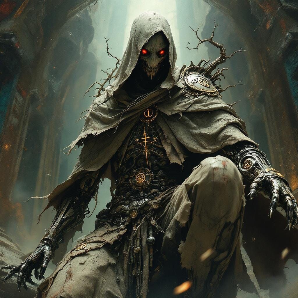 Sinister Cyborg Techno Priest in Dark Industrial Style