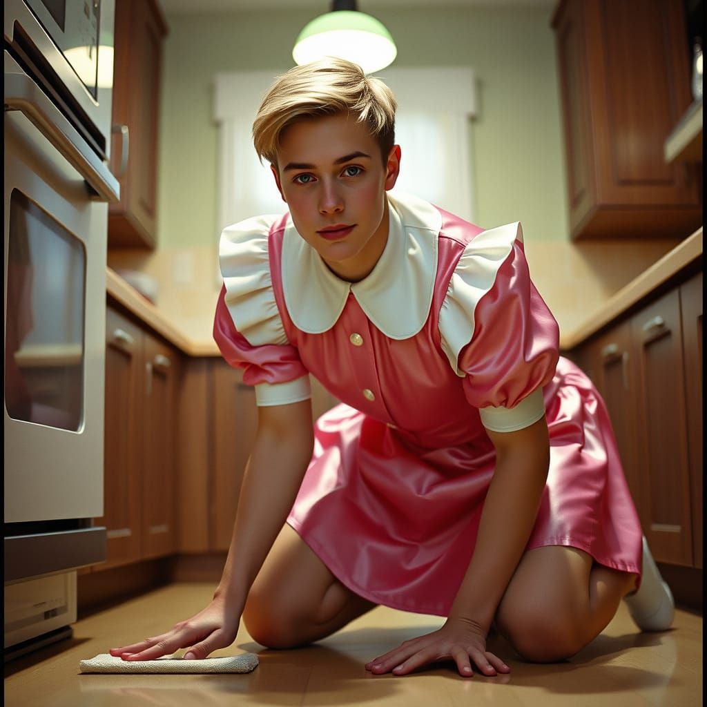 Ethereal Young Man Cleans Kitchen Floor in Cinematic Film St...