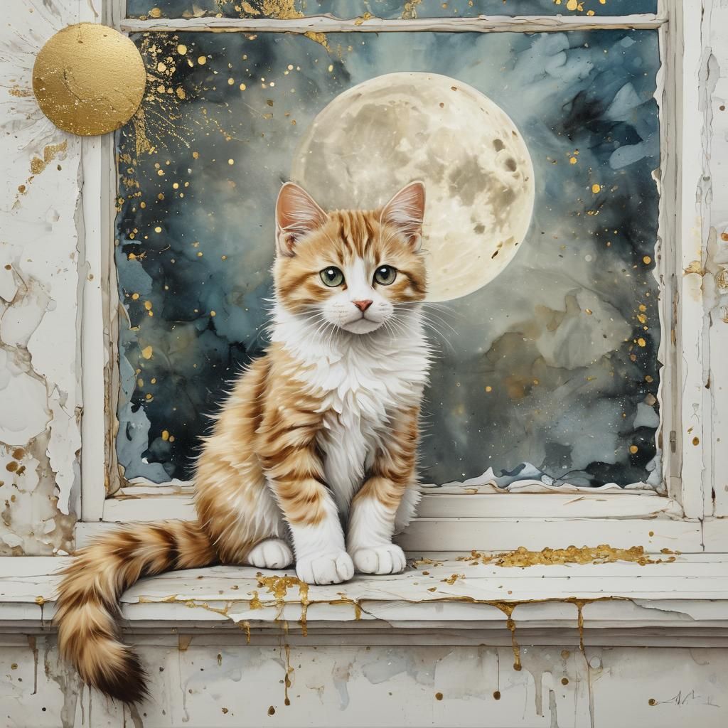 Kitten on Windowsill with Moon in Marbling Style